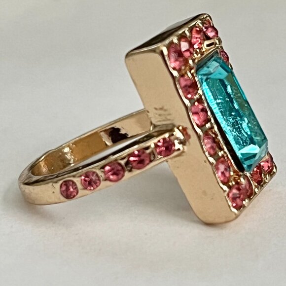 Rose Gold Crystal Cocktail Ring Pink Aqua Blue Princess Cut Size 6 Plated - Picture 7 of 14